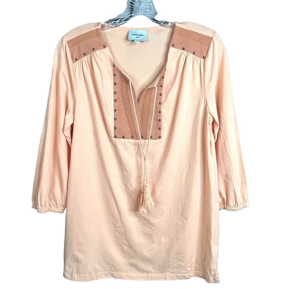 Haute Hippie Tribe Suede Peach Brown Boho Stud Shirt XS